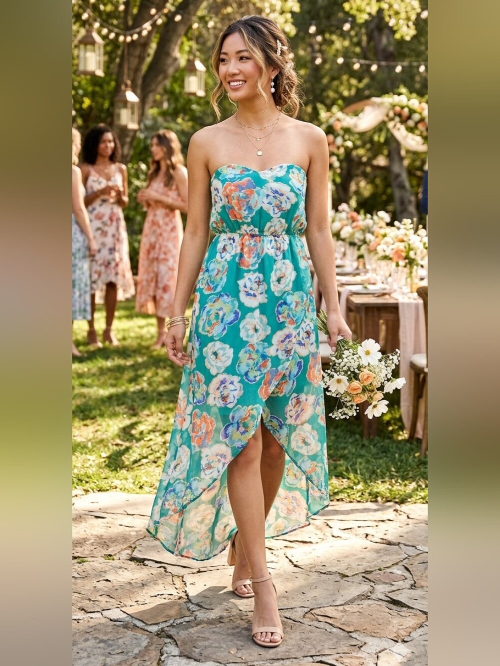 Dizzy Lizzy Teal Floral Chiffon Hi-Low Dress Size Small Lined Summer Vacation